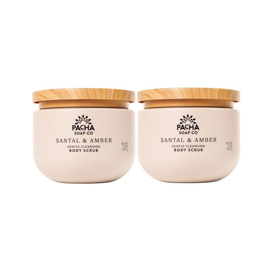 Pacha Soap Co. Whipped Cleansing Scrub, Amber & Santal - Premium, Handcrafted, Exfoliating Soap Scrub with Pumice for Face & Body, Soothing Essential Oils, Clean Ingredients 2-Pack (15 oz Each)