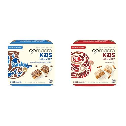 GoMacro Kids MacroBar Organic Vegan Snack Bars – Oatmeal Chocolate Chip Cookie & Cinnamon Roll (0.90 Ounce Bars, 7 Count) (Pack of 2)