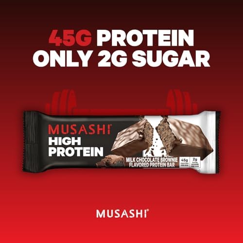 MUSASHI High Protein Bar, 45g Protein, 2g Total Sugars, Milk Chocolate Brownie, Post Workout and Protein Snack On The Go, 12 Pack of 3.2oz (90g) Bars