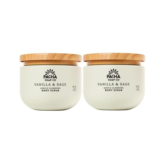 Pacha Soap Co. Whipped Cleansing Scrub, Vanilla & Sage - Premium, Handcrafted, Exfoliating Soap Scrub with Pumice for Face & Body, Soothing Essential Oils, Clean Ingredients 2-Pack (15 oz Each)