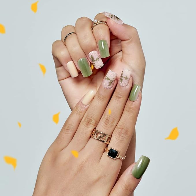 Press on Nails Medium Short Square GLAMERMAID, Amber Green Ferns Fake Nails with Design Cute Acrylic False Nail Kits Stick Glue on Nails Sets for Women Reusable Full Cover Gel Nails 24Pcs