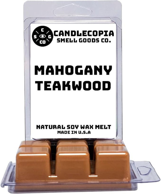 Mahogany Teakwood Strongly Scented Hand Poured Vegan Wax Melts, 12 Scented Wax Cubes, 6.4 Ounces in 2 x 6-Packs