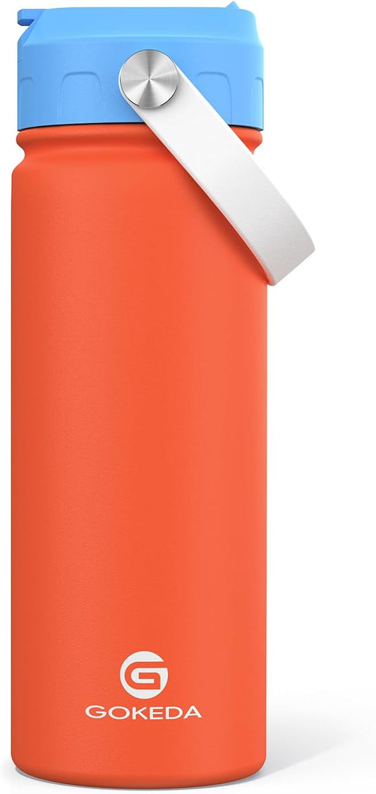 18oz Kids Water Bottle, Insulated Water Bottles with Stickers, 18/8 Stainless Steel Vacuum Leak Proof Straw Cup for School, Gifts for Boys Girls(Orange)