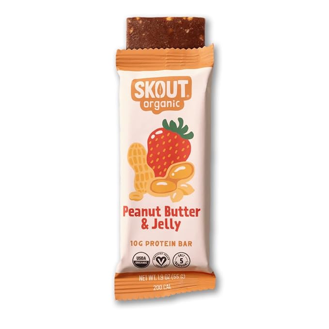 Skout Organic Plant-Based Protein Bars Peanut Butter & Jelly (12 Pack) - 10g Protein - Vegan Protein Bars - Only 5 Ingredients - Easy Snack - Gluten, Dairy & Soy Free