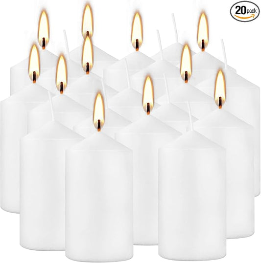 20-Pack 2 x 4 Long Burning Unscented White Tall Pillar Candles - Perfect for Home, Weddings and Special Events.