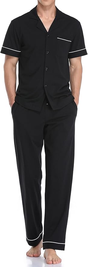 COLORFULLEAF Men's 100% Cotton Pajamas Set Button Down Sleepwear Short Sleeve and Long Pants Pjs