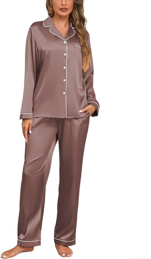 Veseacky Womens Satin Pajama Set Silk Pjs Button Down Long Sleeve Sleepwear Loungewear Sleepwear 2 Piece Pjs Set S-XXL