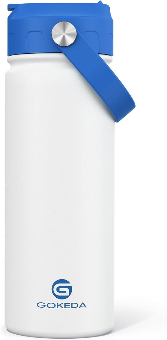 18oz Kids Water Bottle, Insulated Water Bottles with Stickers, 18/8 Stainless Steel Vacuum Leak Proof Straw Cup for School, Gifts for Boys Girls(Blue,White)
