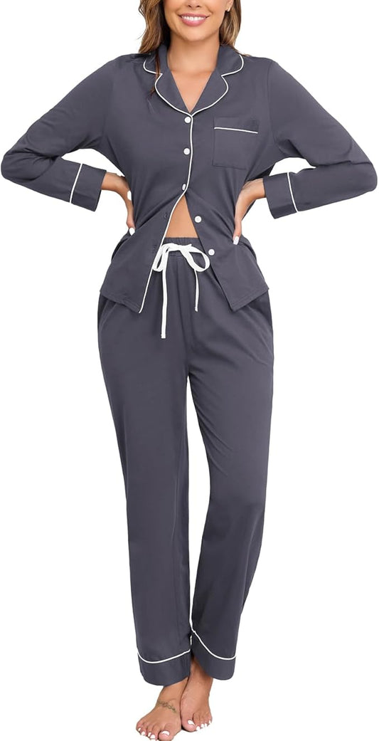Veseacky 100% Cotton Pajamas for Women Set Long Sleeve Button Down Sleepwear Soft Pjs Lounge Sets with Pockets S-XXL