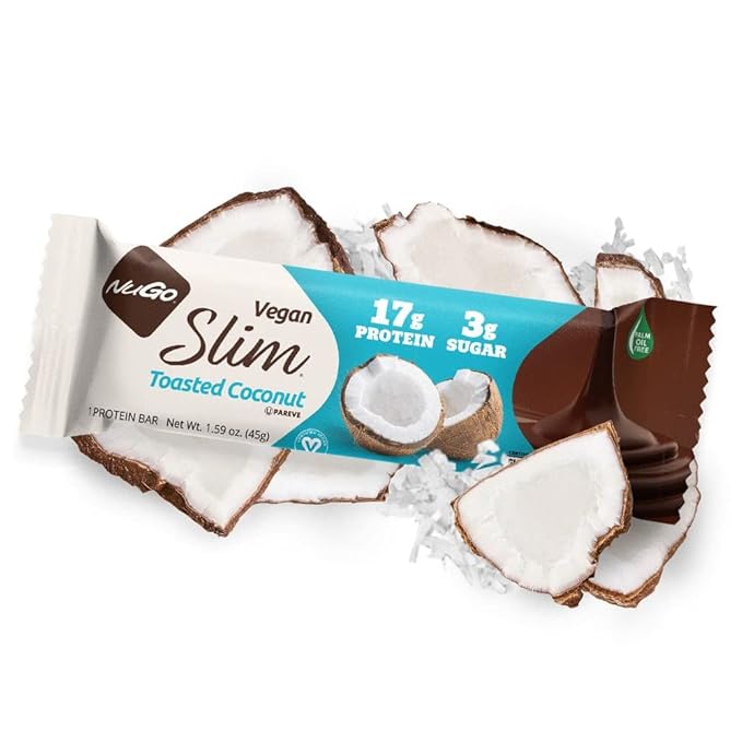 NuGo Slim Dark Chocolate Toasted Coconut, 16g Vegan Protein, 3g Sugar, 7g Fiber, Low Net Carb, Keto Friendly, Gluten Free, 12 C