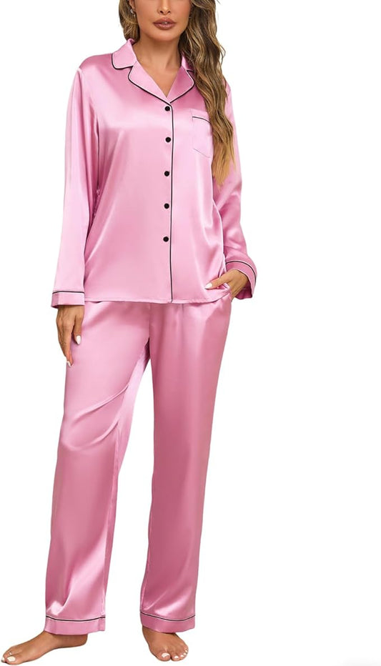 Veseacky Womens Satin Pajama Set Silk Pjs Button Down Long Sleeve Sleepwear Loungewear Sleepwear 2 Piece Pjs Set S-XXL