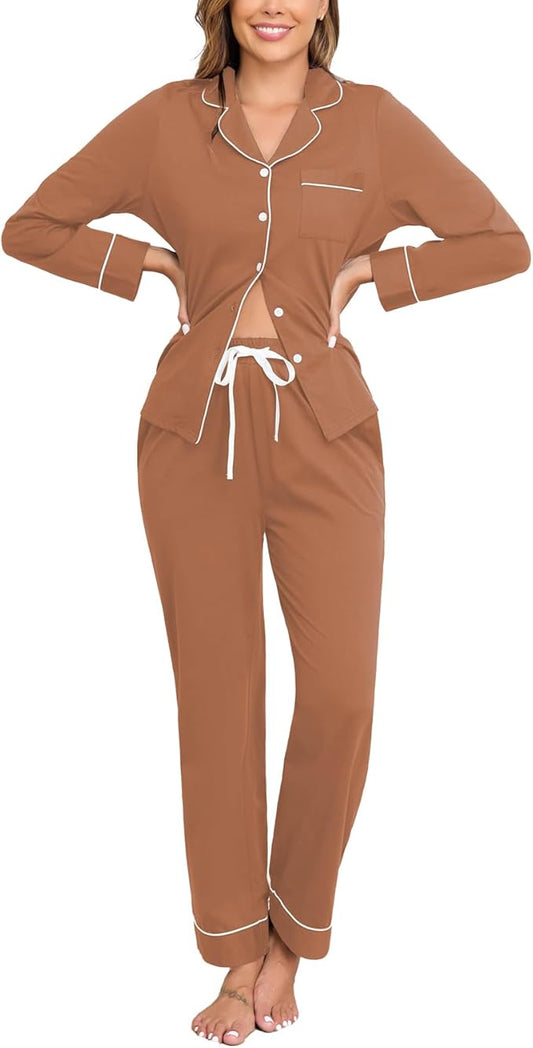 Veseacky 100% Cotton Pajamas for Women Set Long Sleeve Button Down Sleepwear Soft Pjs Lounge Sets with Pockets S-XXL