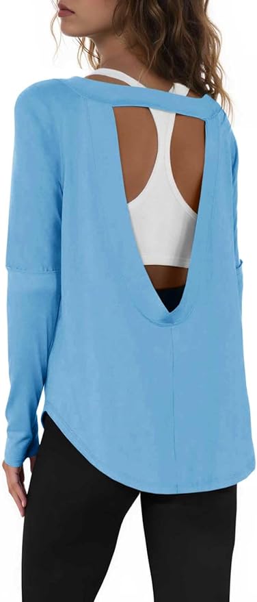 Tankaneo Womens Open Back Workout Shirts Casual Long Sleeve Boat Neck Tops Athletic Gym Yoga Tees with Thumb Holes