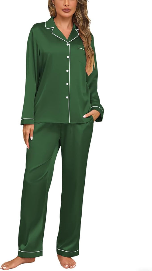 Veseacky Womens Satin Pajama Set Silk Pjs Button Down Long Sleeve Sleepwear Loungewear Sleepwear 2 Piece Pjs Set S-XXL
