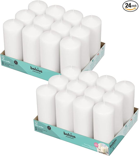 BOLSIUS White Pillar Candles - 2.7x6.7 Inches - 2 Packs = Total 24 Candles - 62+ Hours - Premium European Quality - Consistent Smokeless Flame - Unscented Dripless Pillars