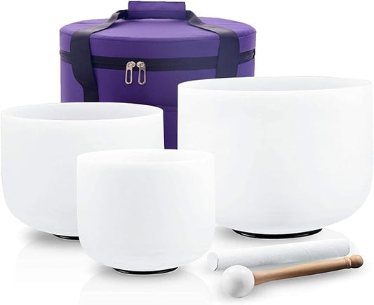Hye-eun 3 Pcs 8"A 10"E 12"D Frosted Quartz Crystal Singing Bowls Set 432hz with Carry Bag Mallets & Rubber for Sound Healing Bath Keep Balance Therapy Meditation Yoga