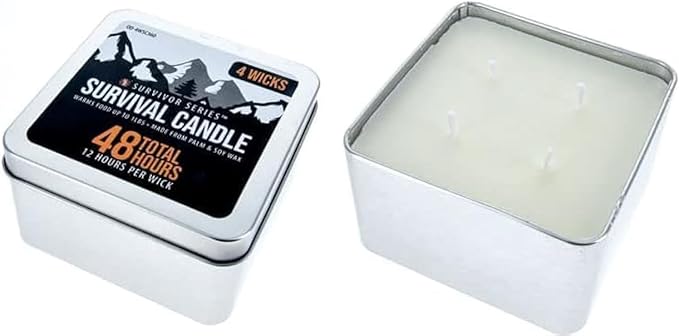 SE 4 Wicks Survival Candle in Tin Box, 48 Total Hours/12 Hours Per Wick Top Layer Soy Wax, Great Light Source Gear for Survival, Camping, Blackout & Peace of Mind