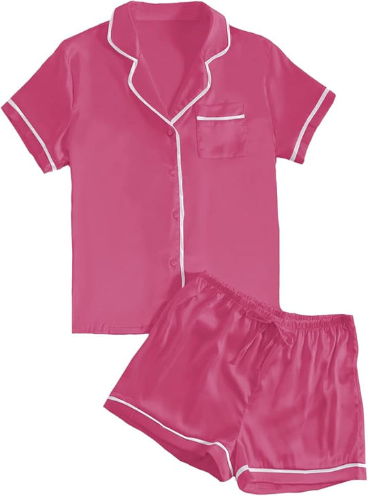 LYANER Women's Satin Silky Short Sleeve Button Shirt Sleepwear 2Piece Pajama Set