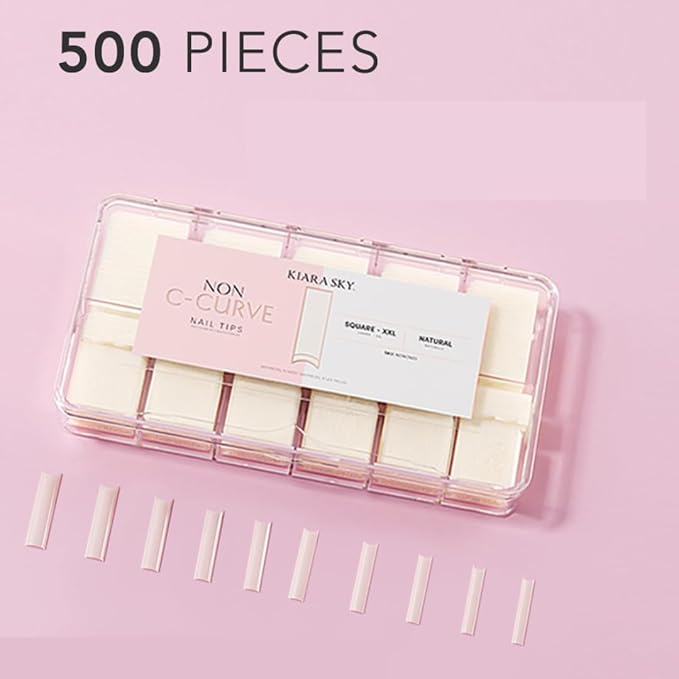 Kiara sky Nail Tips | Non C-Curve Square Natural | 500 pieces | XXL Length | 10 Sizes