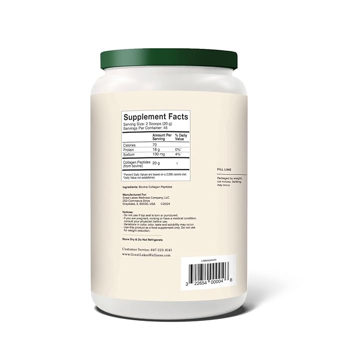 Great Lakes Wellness Bovine Collagen Peptides Powder for Skin, Hair, Nails, Joints & Digestion - Unflavored - Quick Dissolve Hydrolyzed, Non-GMO, Kosher - 32 oz