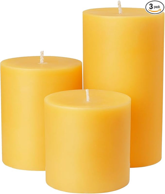 Set of 3 Natural Beeswax Pillar Candles - 3 inch Wide (3 inch 4inch 6inch Tall) - 100% Pure Bees Wax Candles, Long Burning, Unscented Smokeless & Dripless, for Emergency, Home Decor
