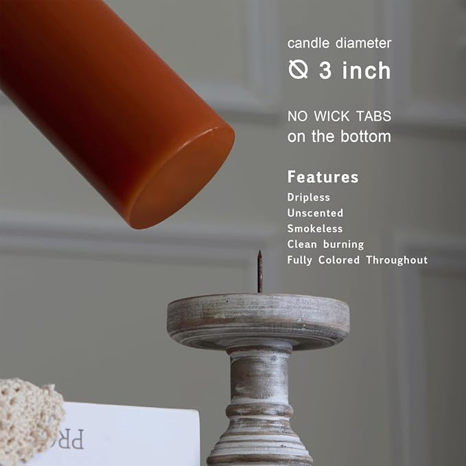 MOZEAL 3" x 6" Hand-Poured Unscented Candle, Dripless Pillar Candle Set of 3, Long Lasting Burning, Approx 120 Hours Burn Time, Rustic Country Style, for Autumn Gatherings, Fall Decor, Burnt Orange