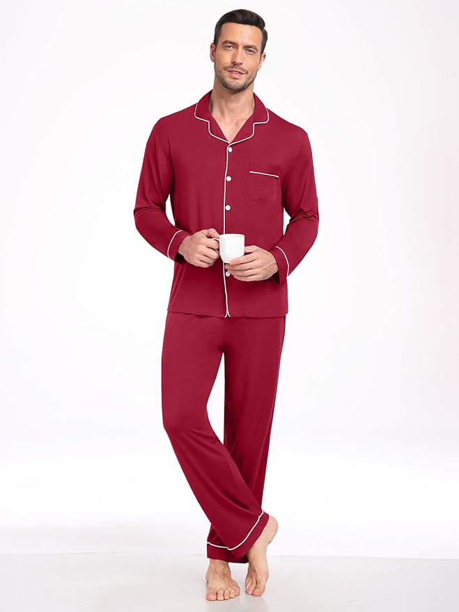 Men Modal Pajama Set Long Sleeve Pjs Button Down Sleepwear Soft Comfy Loungewear Sets 2 Piece Nightwear S-3XL
