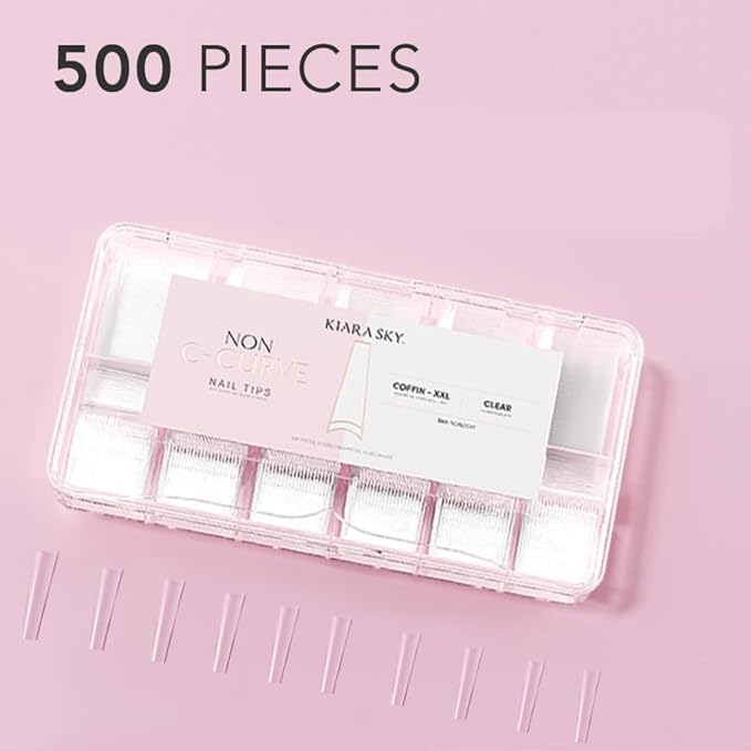 Kiara sky Nail Tips | Non C-Curve Coffin Clear | 500 pieces | XXL Length | 10 Sizes