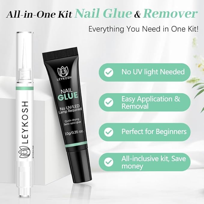 Nail Glue for Press Ons 10g & 5ml 2 in 1 Remover Pen Set, Quick Drying Semi Solid Glue on Nails No Lamp Needed Long Lasting 28+ Days, Gentle Removal Fake Acrylic Nail Tips Not for Gel Polish Base Coat