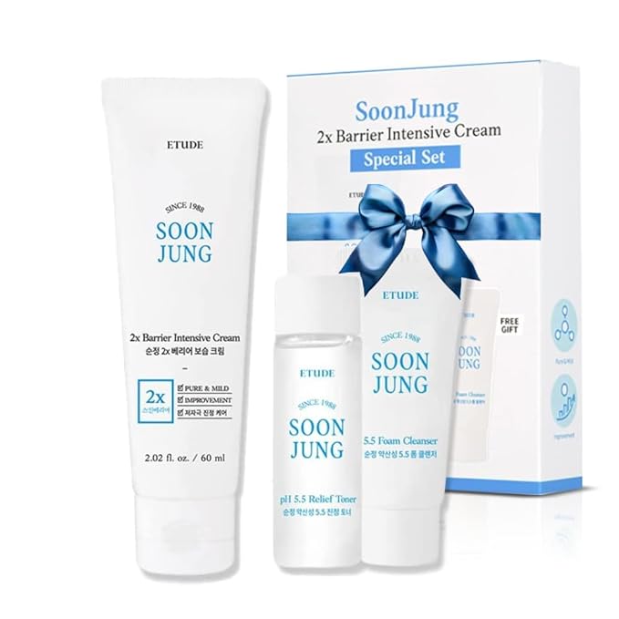 ETUDE SoonJung 2x Intensive Cream Best Trio Set for Barrier Repair | 2x Barrier Cream 2.02 Fl Oz + pH 5.5 Relief Toner 0.85 Fl Oz + Foam Cleanser 0.68 Fl Oz, Korean Skin Care