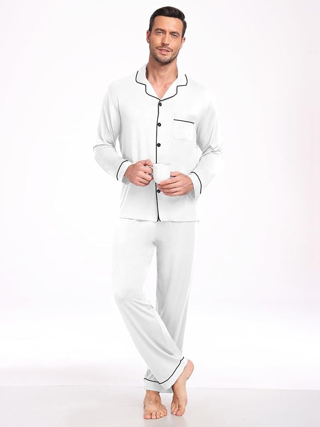 Men Modal Pajama Set Long Sleeve Pjs Button Down Sleepwear Soft Comfy Loungewear Sets 2 Piece Nightwear S-3XL