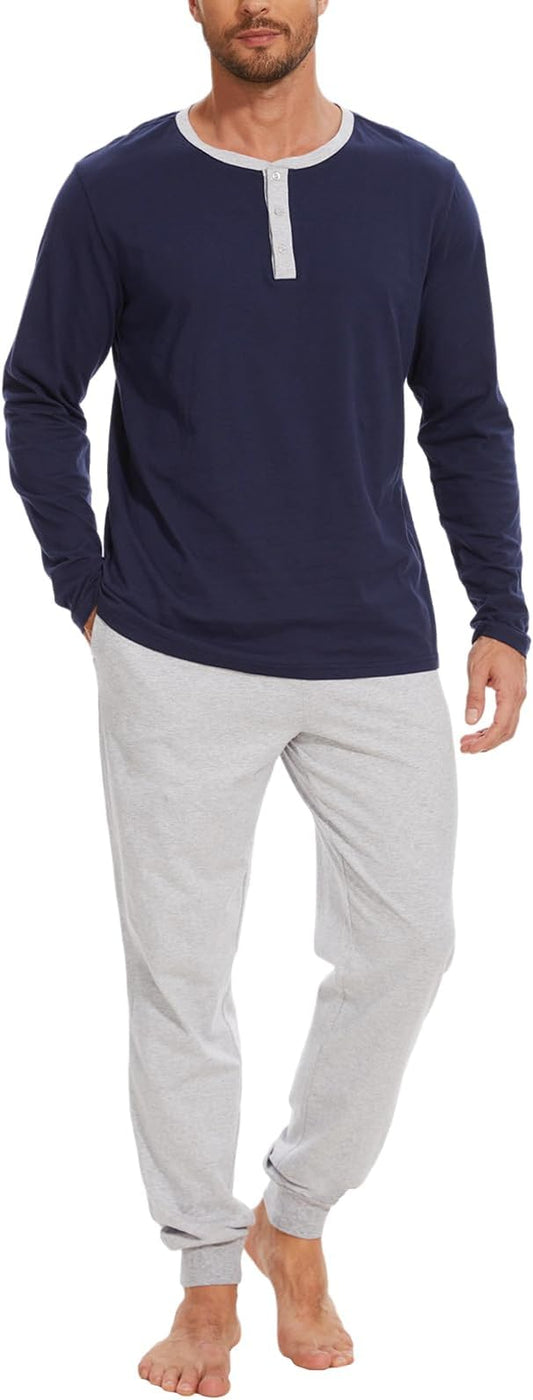 Men's Pajama Set with Henley Neckline 100% Cotton Soft and Comfortable Nightwear 2-Piece Lounge Set