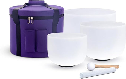 Hye-eun Sound Bowl Meditation Set,432hz Frosted Quartz Crystal Singing Bowls Set of 3, 8"A Third-eye10"C Root 12"F Heart Chakra with Carrying Case Healing instrument