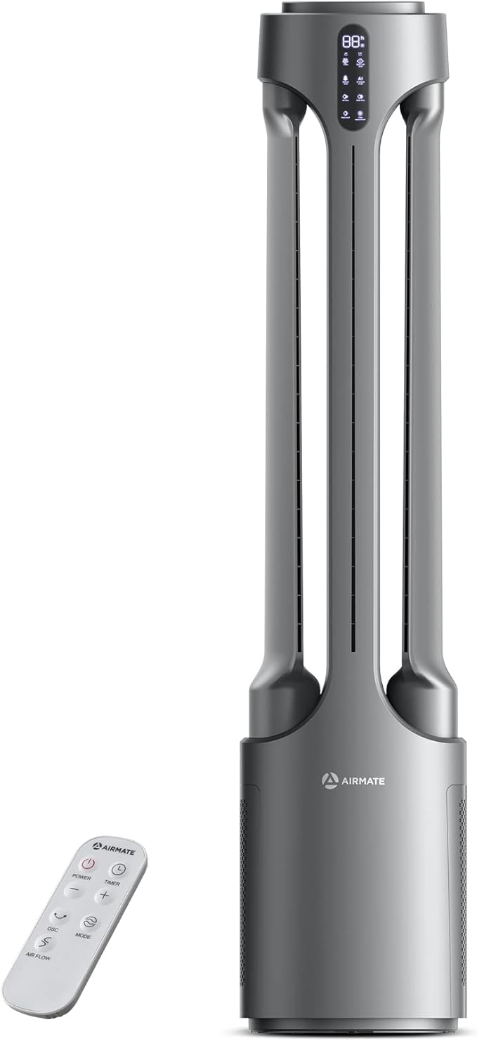 AIRMATE Air Purifier Bladeless Tower Fans, 1500CFM Large Air Volume, 45" 2-in-1 Standing Fan for Bedroom & Home, 28ft/s Velocity, 90° Oscillation, 15H Timer, Low Noise, Silver