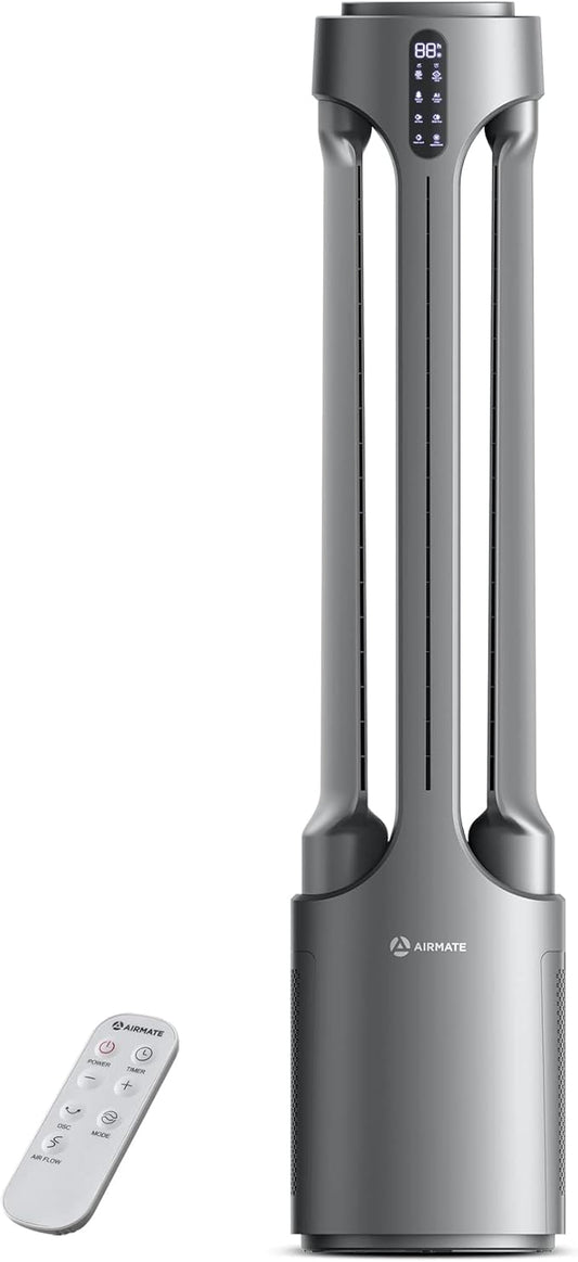 AIRMATE Air Purifier Bladeless Tower Fans, 1500CFM Large Air Volume, 45" 2-in-1 Standing Fan for Bedroom & Home, 28ft/s Velocity, 90° Oscillation, 15H Timer, Low Noise, Silver