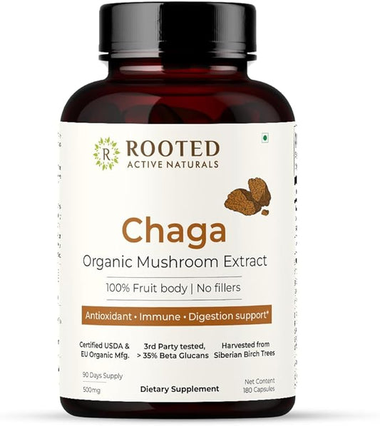 ROOTED Actives, Siberian Chaga Mushroom Extract, Certified Organic| 35% Beta Glucans - Lab Verified | Antioxidant & Vitality Support (180 Capsules)