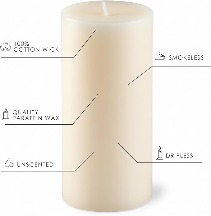 Ivory Pillar Candles Set, 12 Packs, 2.8 in x 4, 6, 8 Inch Assorted Size Unscented Pillar Candles Bulk for Home Decor, Long Burning Candle for Emergency, Holiday Dinner, Dripless & Smokeless