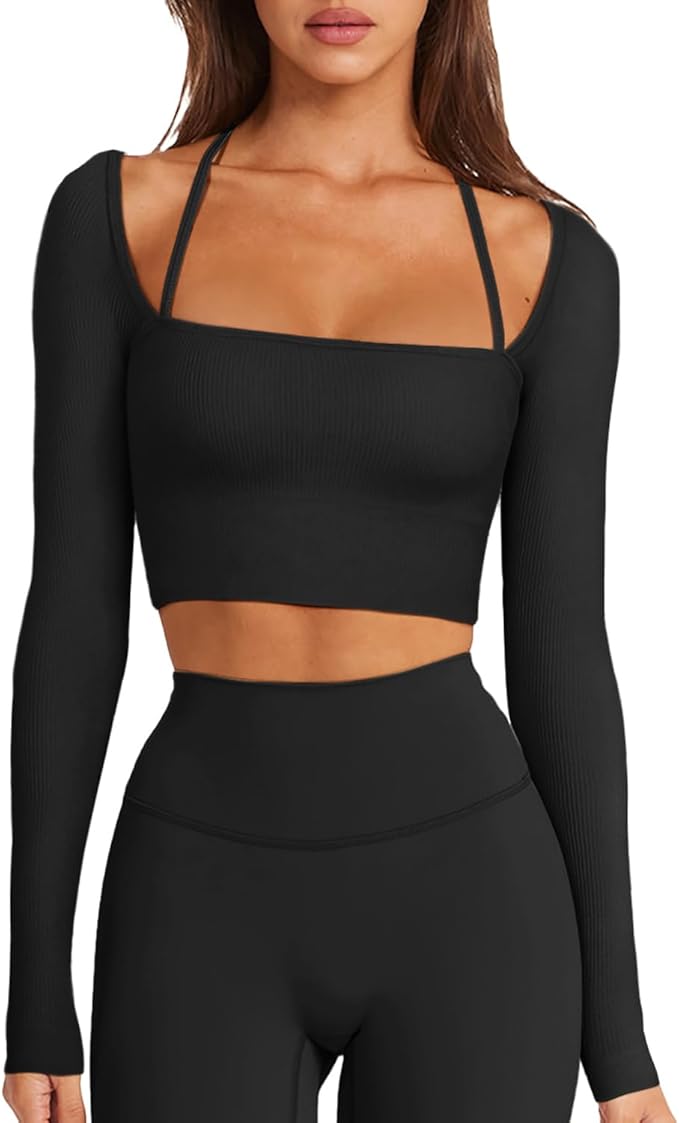 LASLULU Womens Sexy Square Neck Crop Top Ribbed Seamless Long Sleeve Workout Tops Halter Neck Athletic Yoga