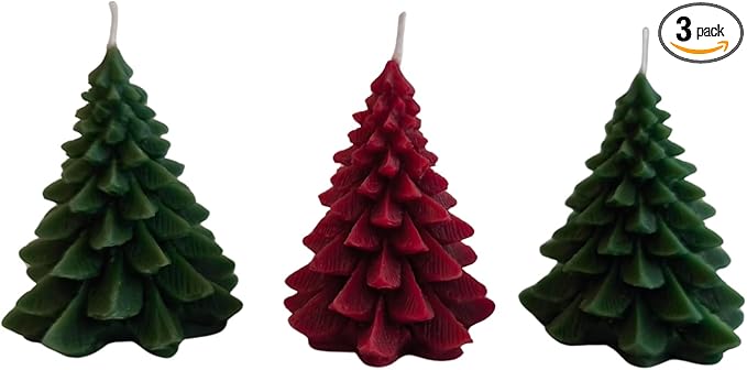 Handmade Beeswax Christmas Tree Candle – Set of 3 (Red & Green) | Natural Holiday Decor | Winter & Christmas Home Decoration | Eco-Friendly Gift