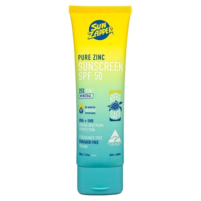Sun Zapper Pure Zinc Mineral Sunscreen SPF 50, Reef Safe, Broad Spectrum UVA + UVB Protection, 25% Zinc, Water Resistant, Fragrance Free, Paraben Free, No White Cast, Natural Sun Cream - 3.52 Ounce