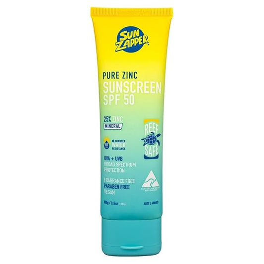 Sun Zapper Pure Zinc Mineral Sunscreen SPF 50, Reef Safe, Broad Spectrum UVA + UVB Protection, 25% Zinc, Water Resistant, Fragrance Free, Paraben Free, No White Cast, Natural Sun Cream - 3.52 Ounce