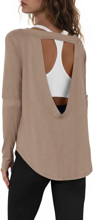 Tankaneo Womens Open Back Workout Shirts Casual Long Sleeve Boat Neck Tops Athletic Gym Yoga Tees with Thumb Holes