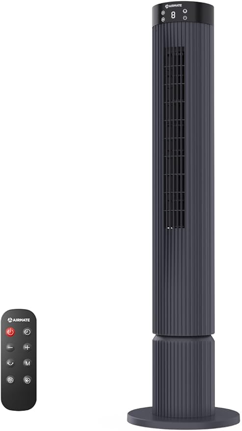 AIRMATE Super High Air Volume Tower Fan, 43" Height, 36 ft/s Velocity, 12 Speeds, 3 Mode, 12H Timer, Remote & Digital Display, 75° Oscillating Standing Fan with Upgraded Blower for Home & Office, Grey