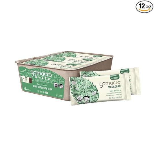 GoMacro MacroBar Organic Vegan Protein Bars - Mint Chocolate Chip, 2.3 Ounce Bars, (Pack of 12)