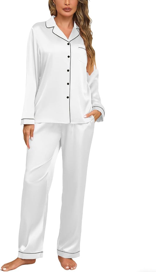 Veseacky Womens Satin Pajama Set Silk Pjs Button Down Long Sleeve Sleepwear Loungewear Sleepwear 2 Piece Pjs Set S-XXL