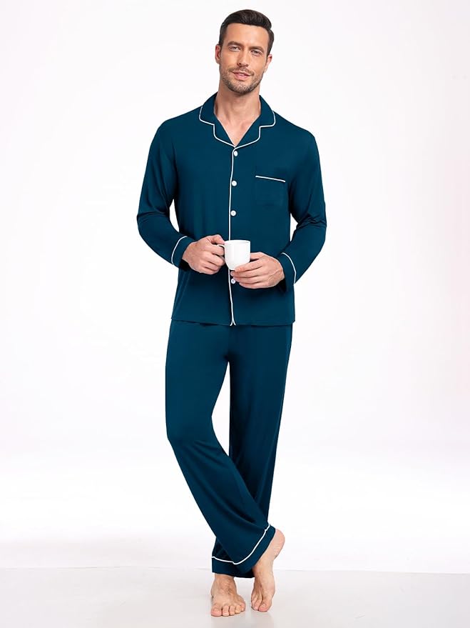 Men Modal Pajama Set Long Sleeve Pjs Button Down Sleepwear Soft Comfy Loungewear Sets 2 Piece Nightwear S-3XL