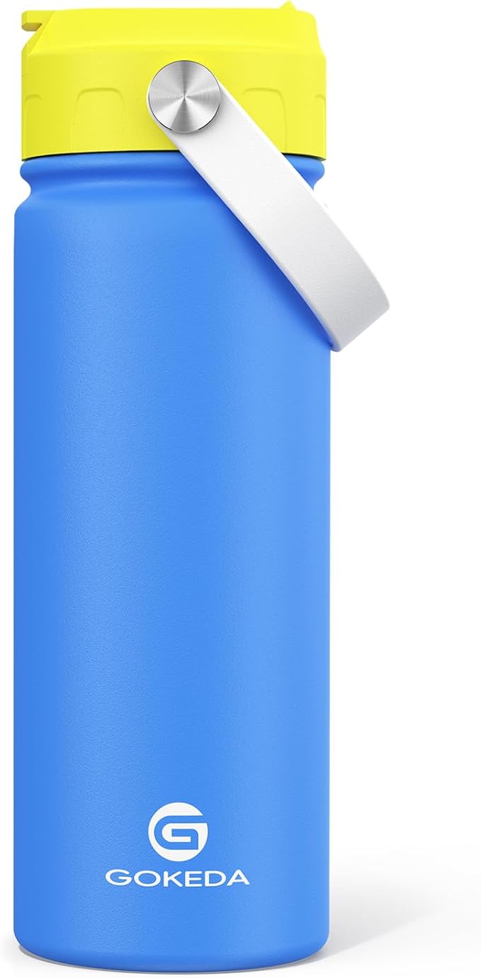 18oz Kids Water Bottle, Insulated Water Bottles with Stickers, 18/8 Stainless Steel Vacuum Leak Proof Straw Cup for School, Gifts for Boys Girls(Yellow,Blue)