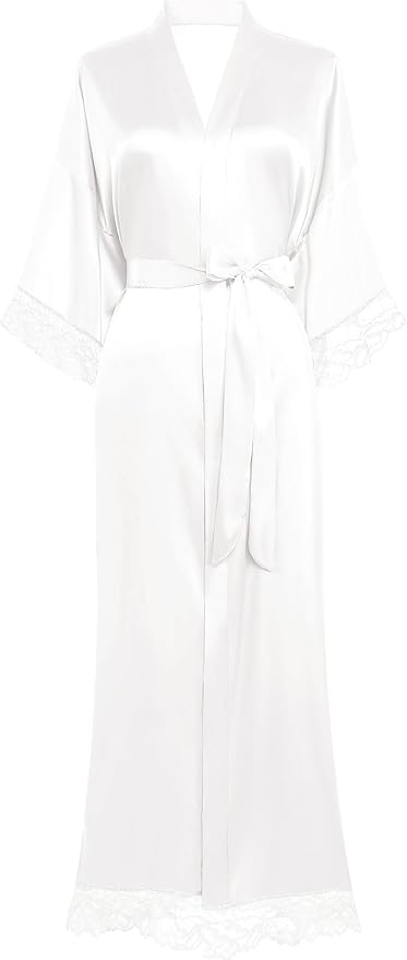 BABEYOND Satin Kimono Robe Silky Long Bridesmaid Wedding Lightweight Bath Robe with Lace Trim