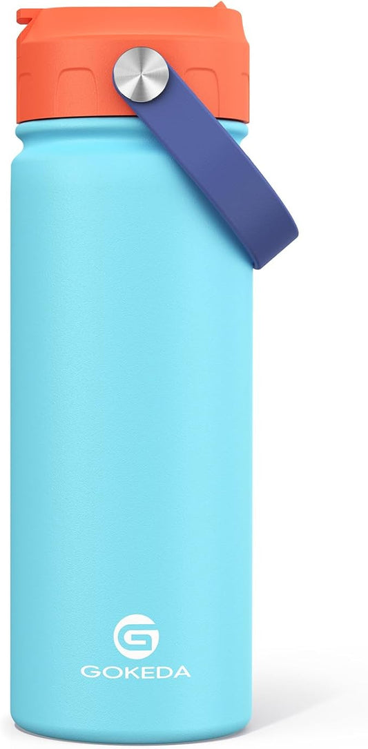 18oz Kids Water Bottle, Insulated Water Bottles with Stickers, 18/8 Stainless Steel Vacuum Leak Proof Straw Cup for School, Gifts for Boys Girls(Orange,Blue)