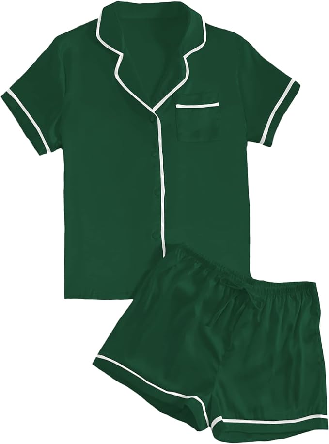 LYANER Women's Satin Silky Short Sleeve Button Shirt Sleepwear 2Piece Pajama Set